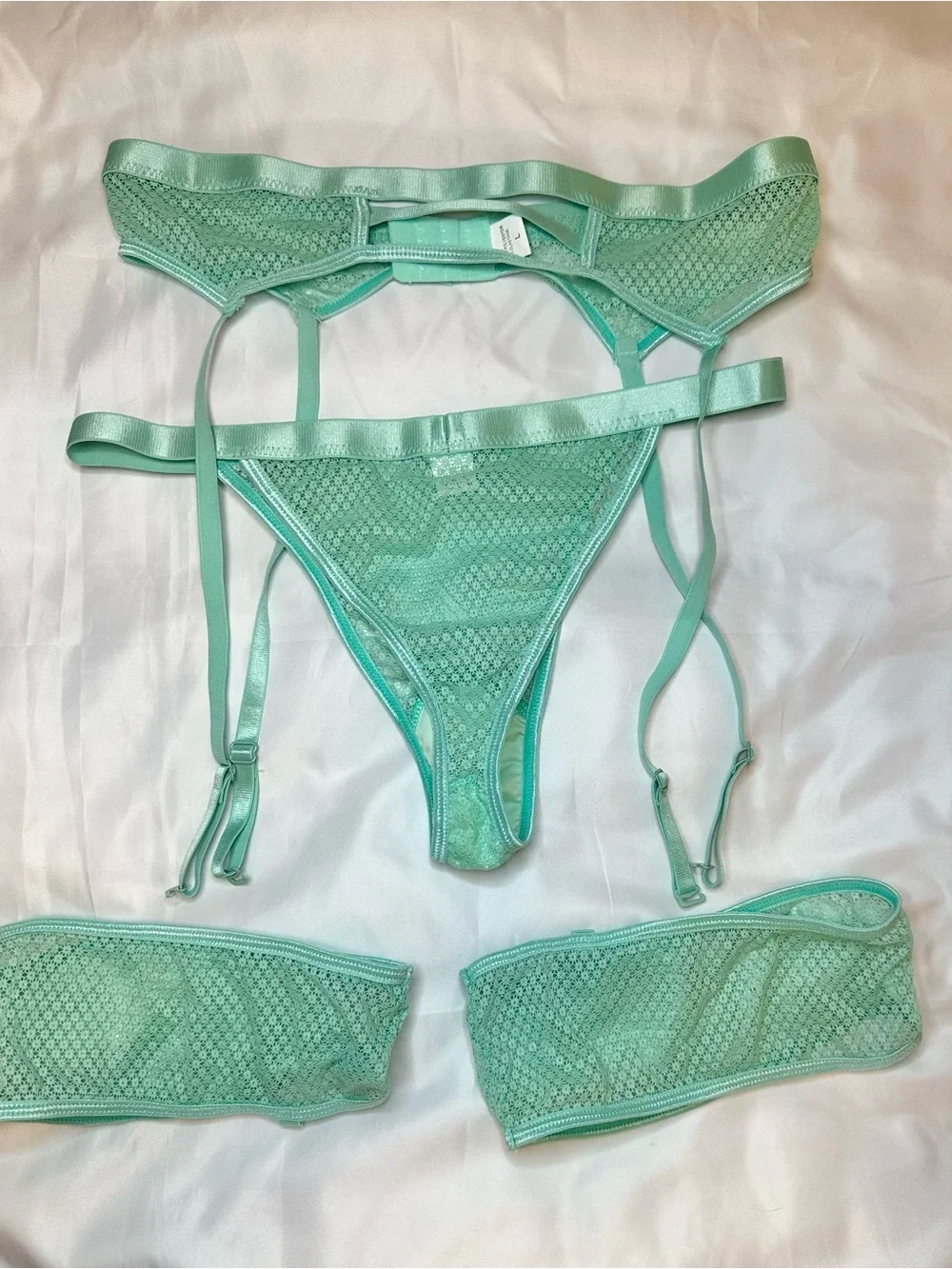 Mint Green Sheer Mesh Strappy Garter Lingerie Set Size Large